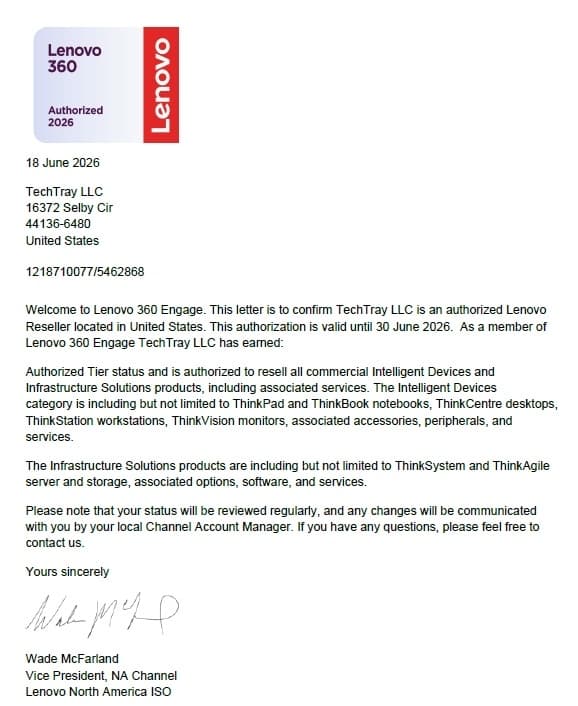 TechTray LLC Lenovo Lenovo 360 Engage Authorization Letter 2026 credential